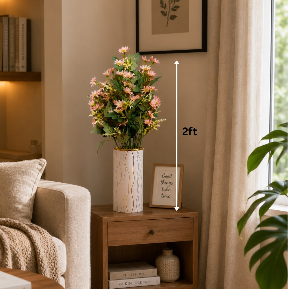 Artificial pink daisy flowers with cylindrical pot(combo of 2)