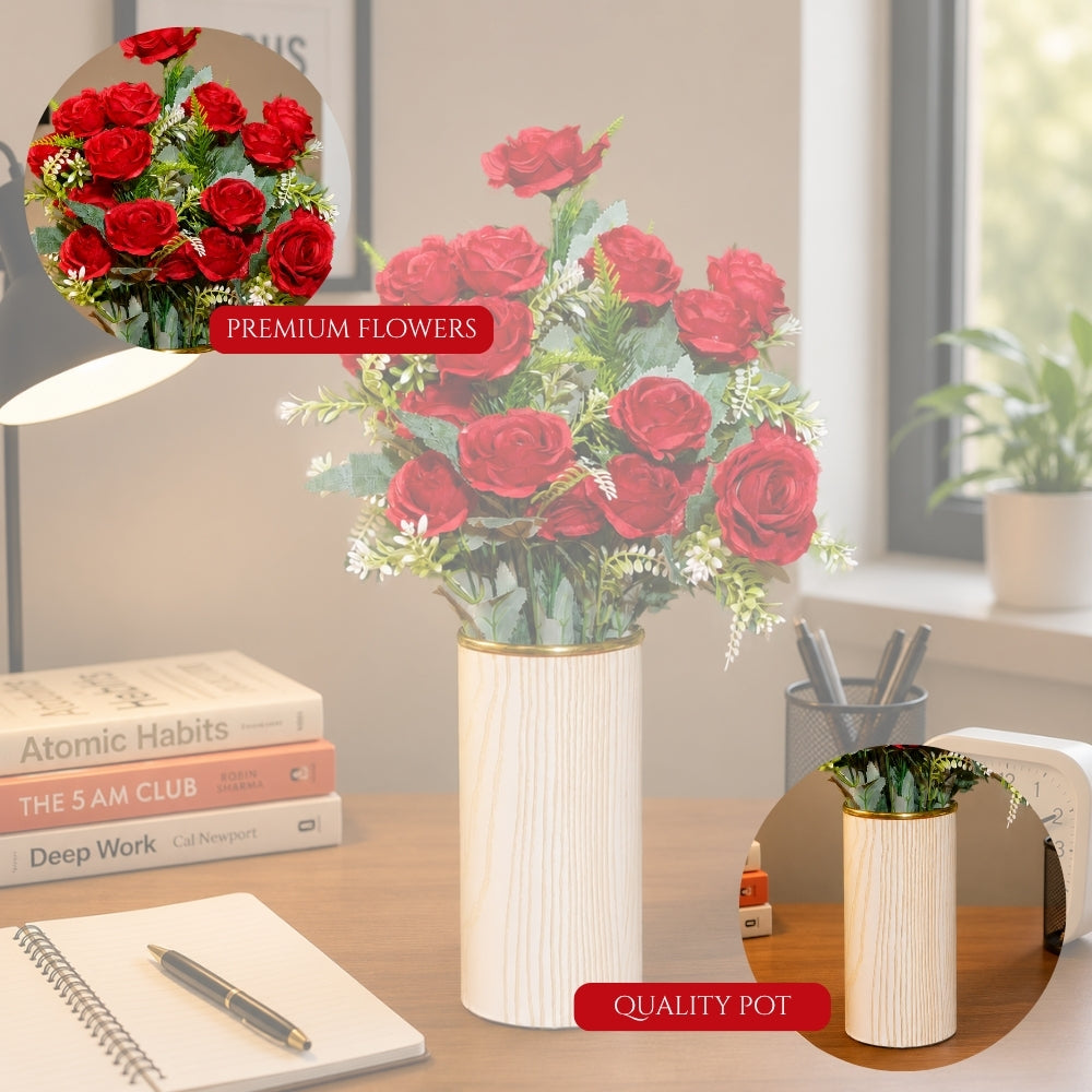 Artificial rose plants with cylindrical pot (combo of 2)