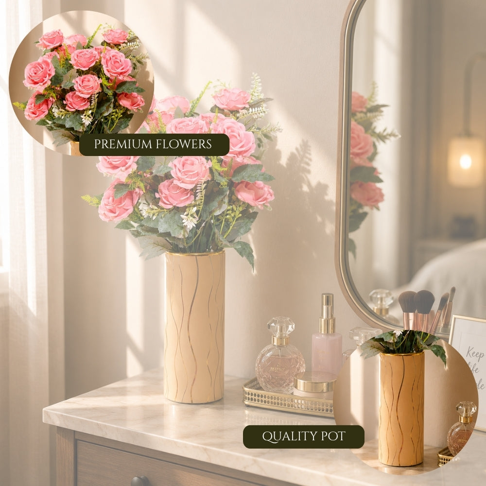 Artificial rose plants with cylindrical pot (combo of 2)