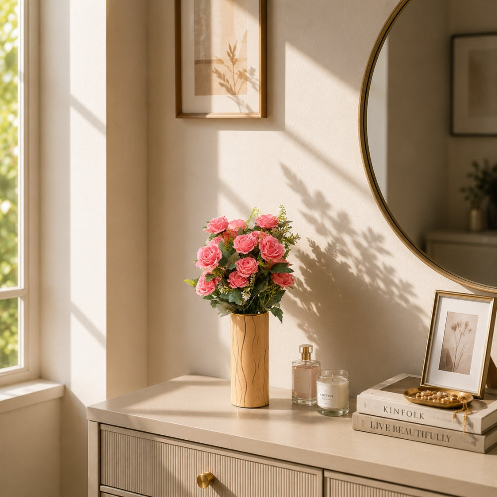 Artificial rose plants with cylindrical pot (combo of 2)